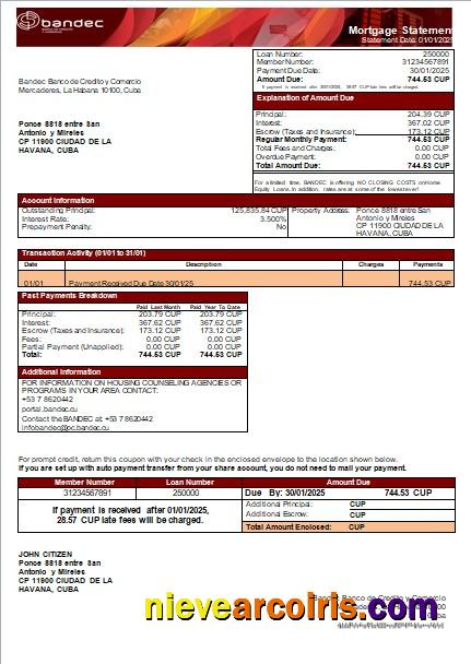 Cuba BANDEC bank mortgage statement
